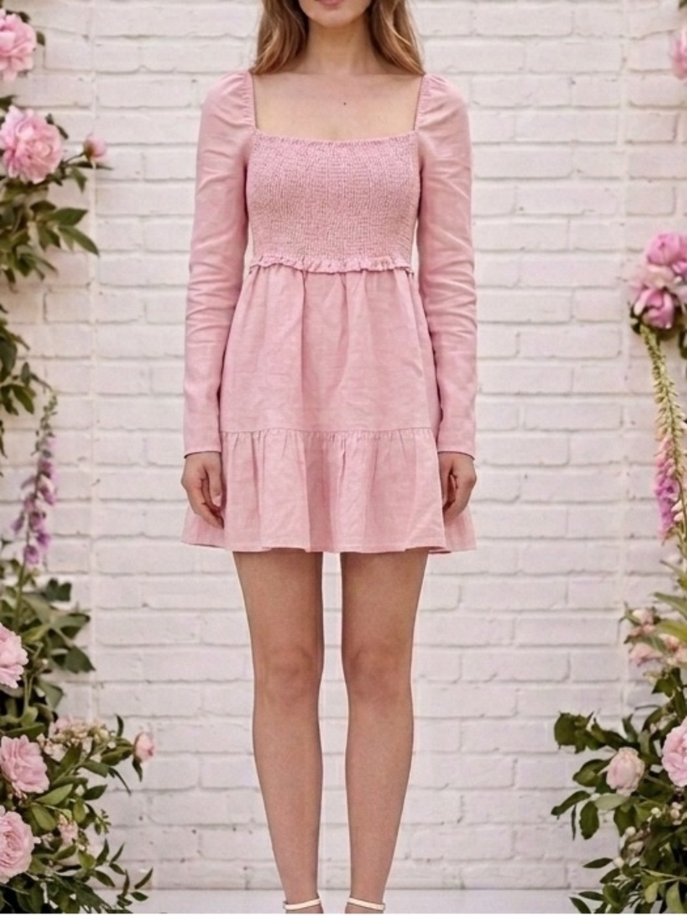 Wilfred Linen Light Pink Smocked Babydoll Dress